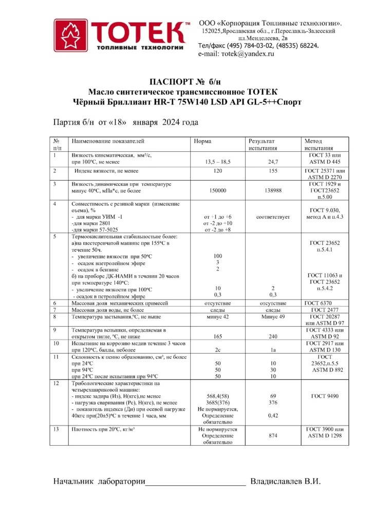 Чёрный Бриллиант НR-T 75W140 LSD API GL-5++Спорт